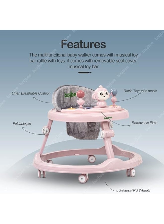 Baybee Drono Baby Walker for Kids with 4-Level Height Adjustment, Foldable Design, Food Tray & Musical Toy Bar | Round Activity Walker for Babies 6–18 Months (Pink) - Image 5